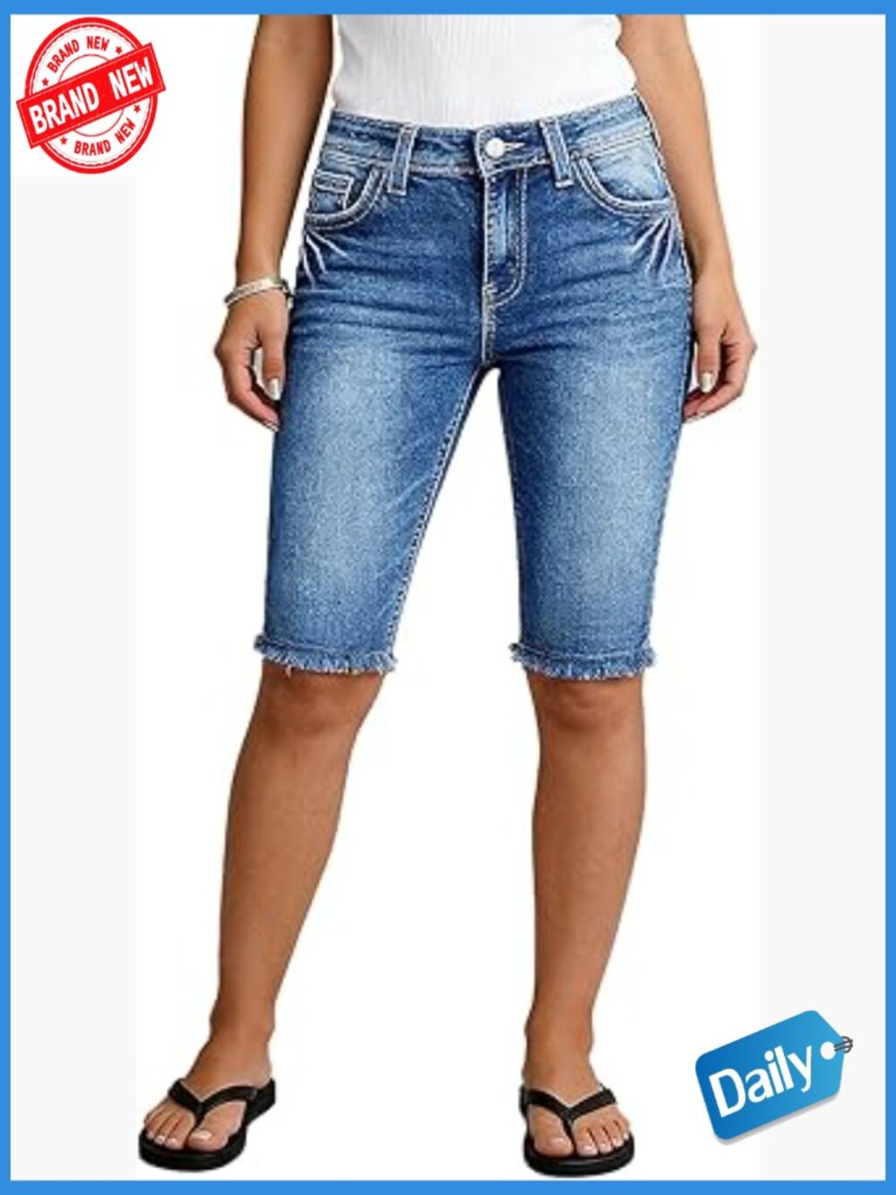 High Waist Denim Bermuda Shorts with Embroidery Raw Hem Ripped Jean Shorts